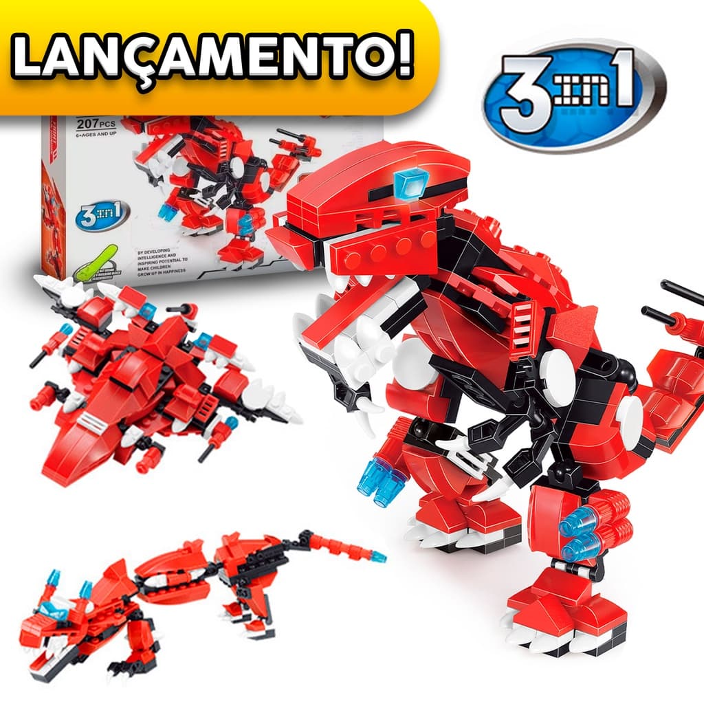 Brinquedo de Montar 3 em 1 Dragões e Dinossauros Robô Transformer