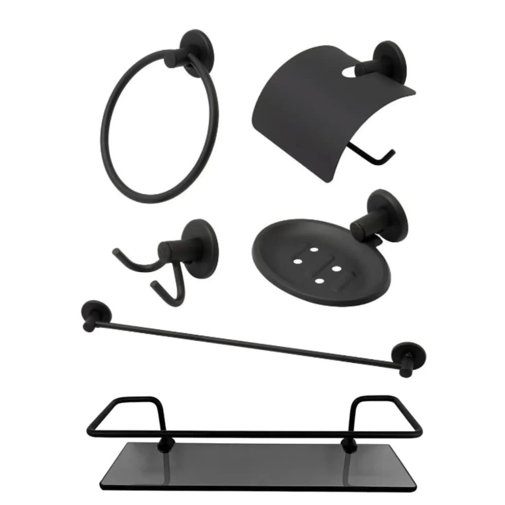 Kit Acessório Banheiro Preto 5 Peças + Porta Shampoo Reto