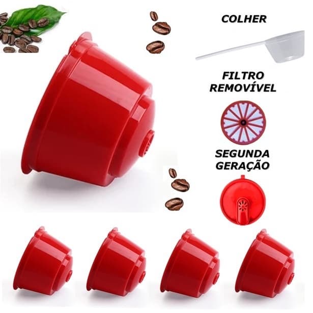5 Cápsulas Reutilizável Dolce Gusto Recarregável Vermelha Com Colher