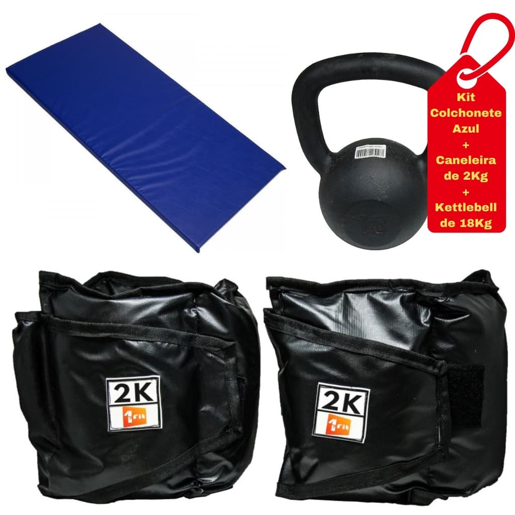 Kit Colchonete Azul + Par de Caneleira 2Kg + kettlebell Pintado 18kg