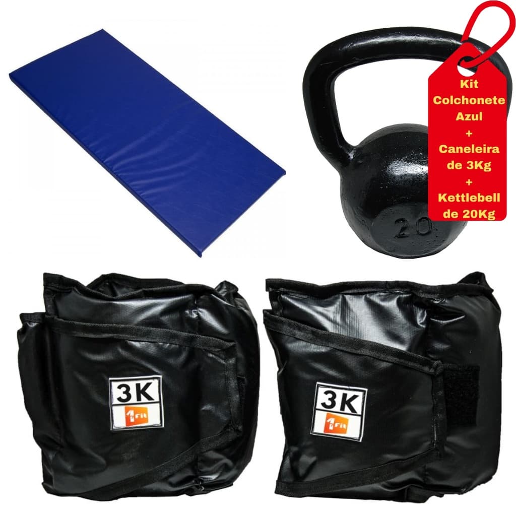 Kit Colchonete Azul + Par de Caneleira 3Kg + kettlebell Pintado 20kg