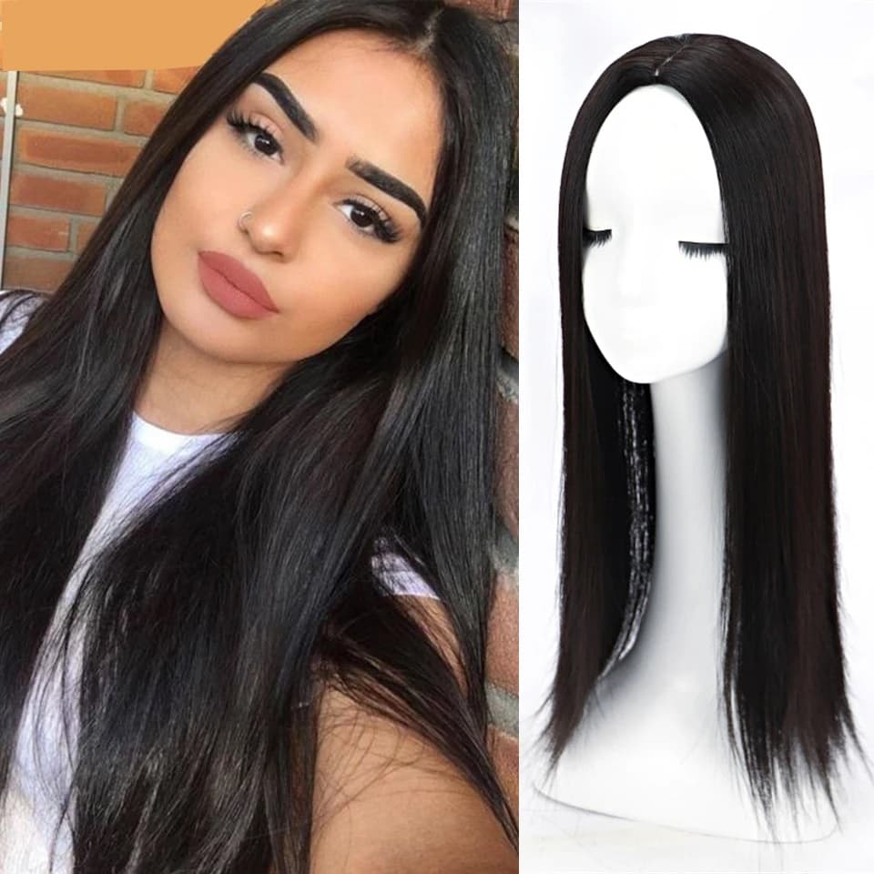 55 cm Cabelo Longo Liso Peça De 4 Clip Em Uma Extensão Sintético Com Franja Para Mulheres Resistente Ao Calor