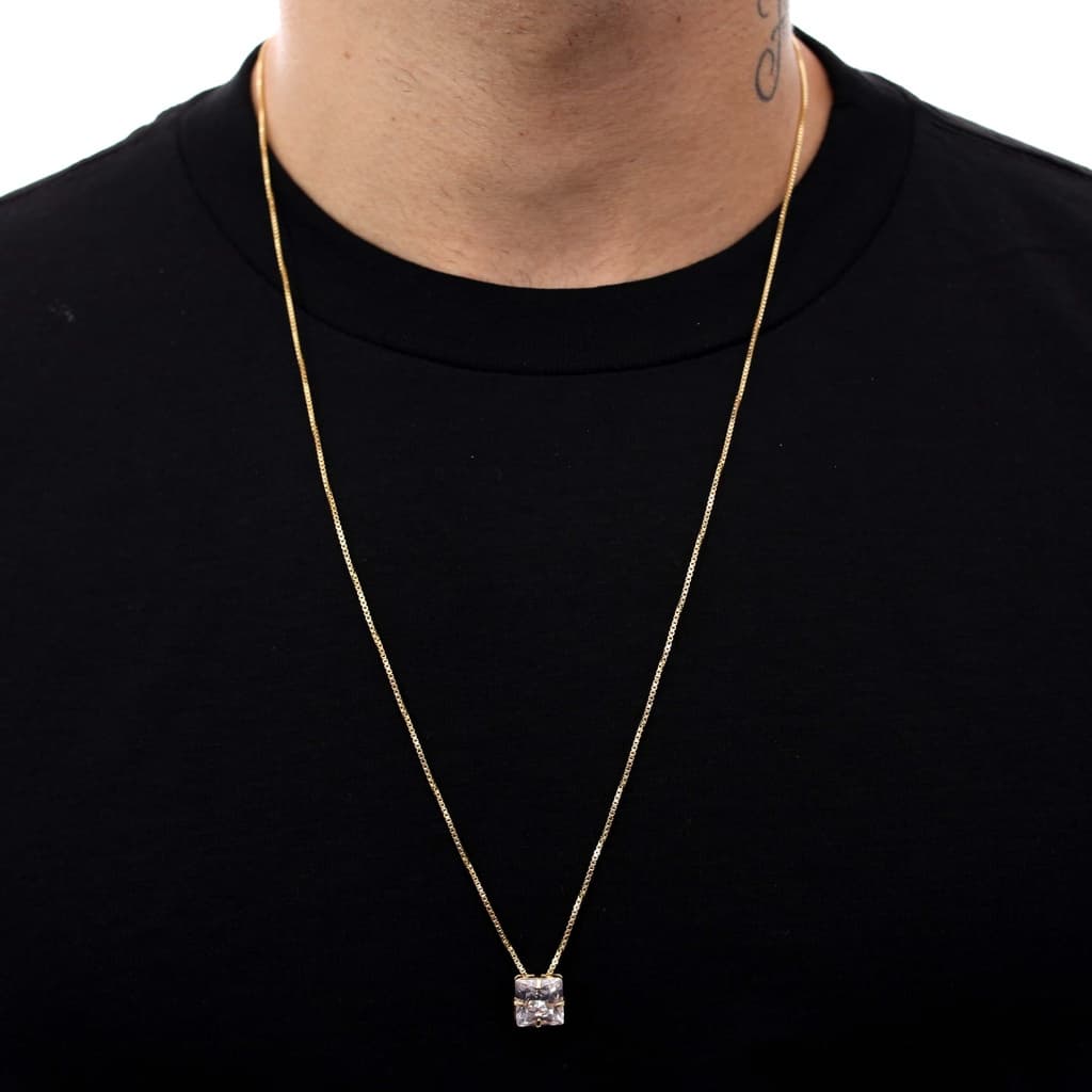 Cordão Fino Veneziana 70cm e Pingente de Pedra Zircônia Banhado a Ouro 18k