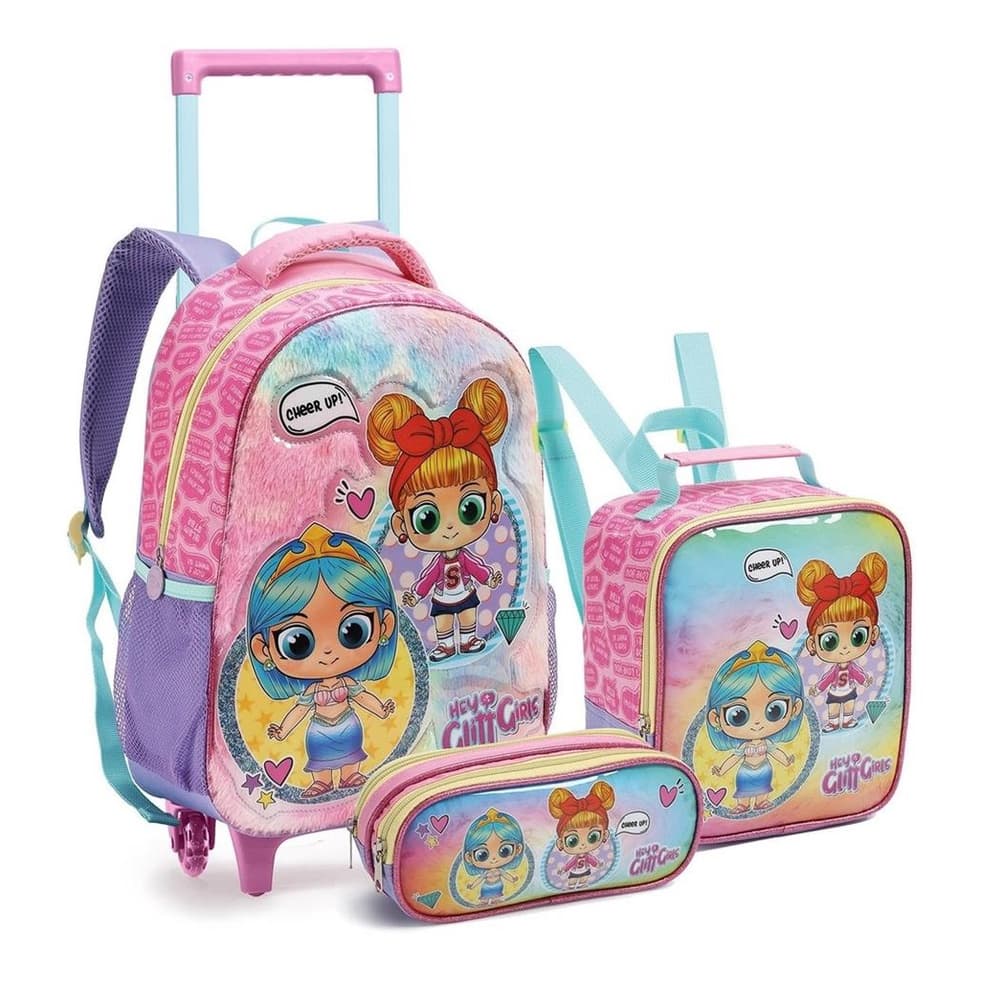 Kit Mochila Rodinhas Lancheira Estojo Lol Meninas Hey Girls Pelucia Seanite