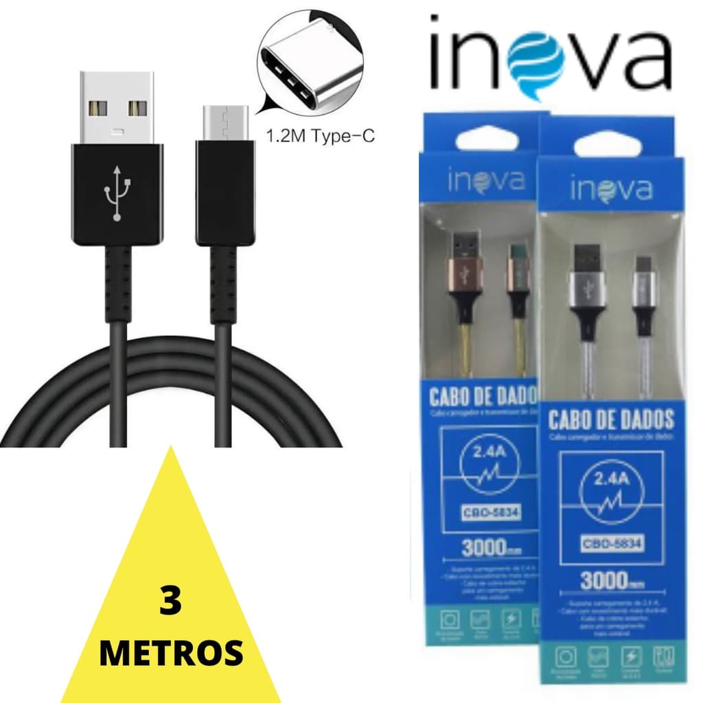 Cabo Usb TIPO C 3 Metros Cabo Tipo C 2 Metros INOVA Cabo Carregador Tipo C 2 Metros Cabo 3 Metros Tipo C Turbo
