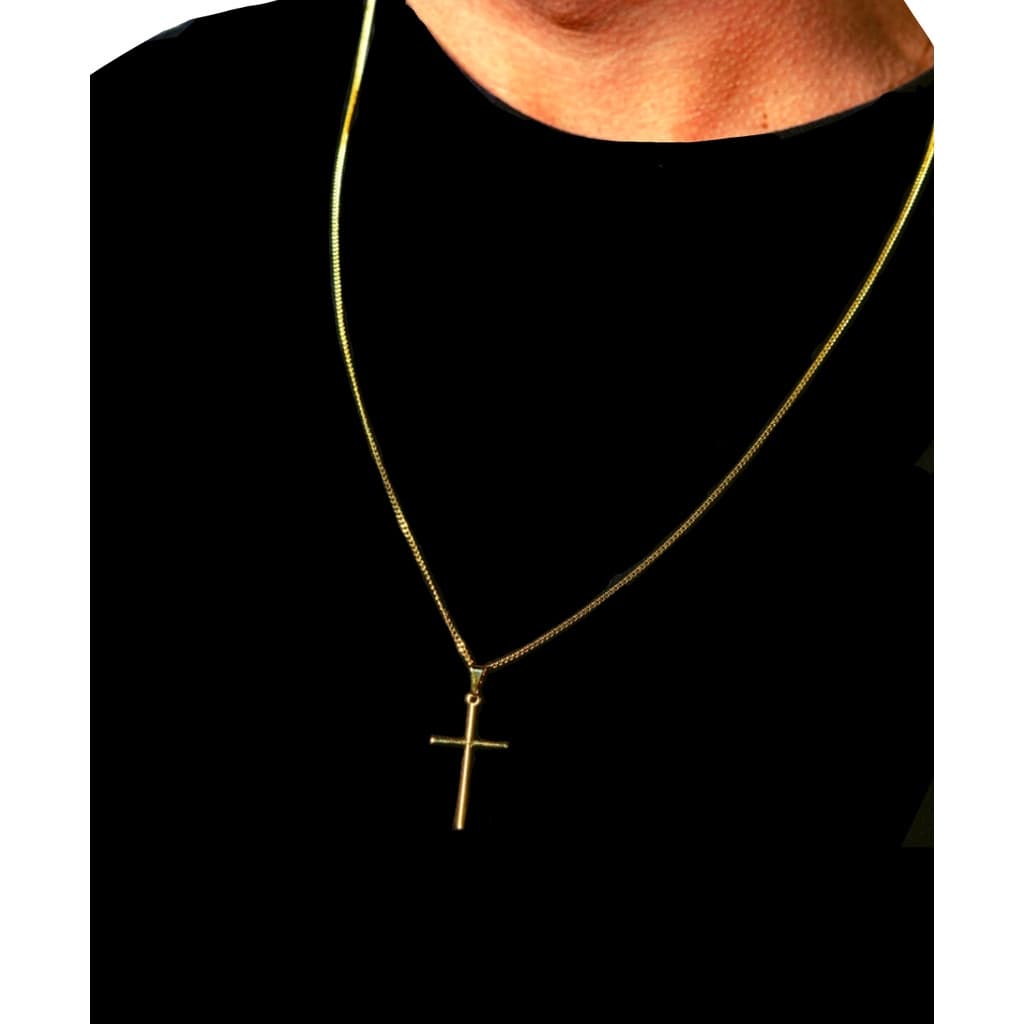 Corrente Masculina Cordão Grumet Dourada Moeda Antiga com Pingente Cruz aço inox