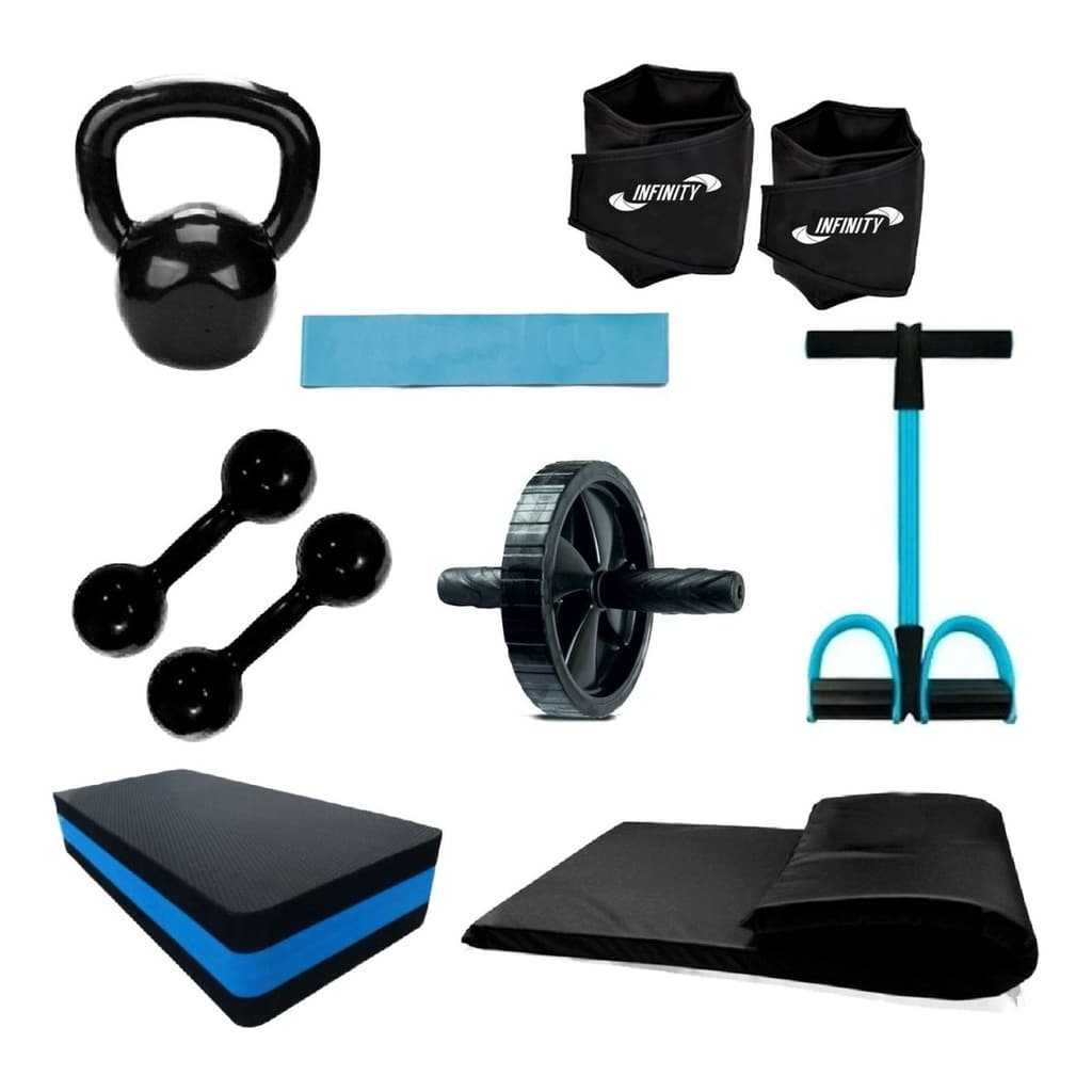 Kit Treino - Par Halter + Par Caneleira + Extensor + Roda + Step + Mini Band + kettlebell + Colchonete
