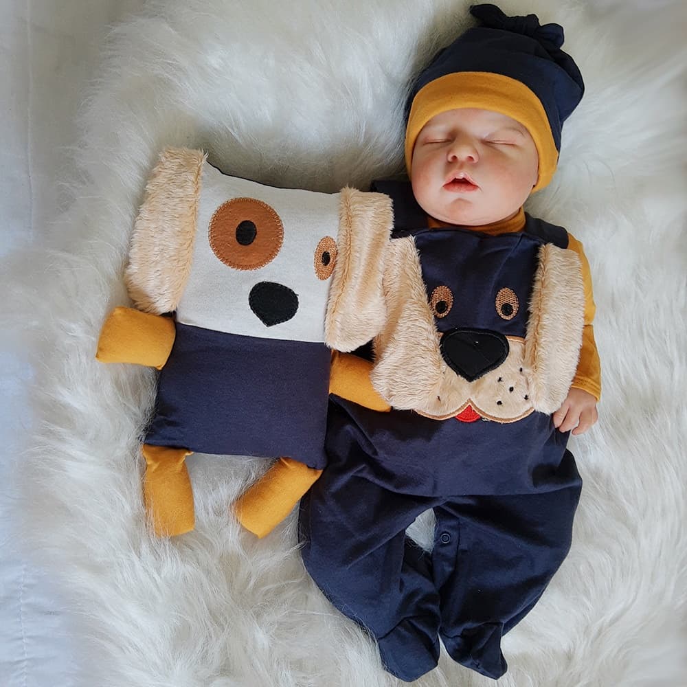 Kit Saída Maternidade Menino Cachorrinho/Marinho Com Porta Bebê/6 Peças