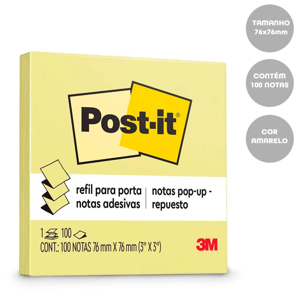 Bloco Post-it Refil Pop Up 76x76 Amarelo C/ 1 Bloco 100fls