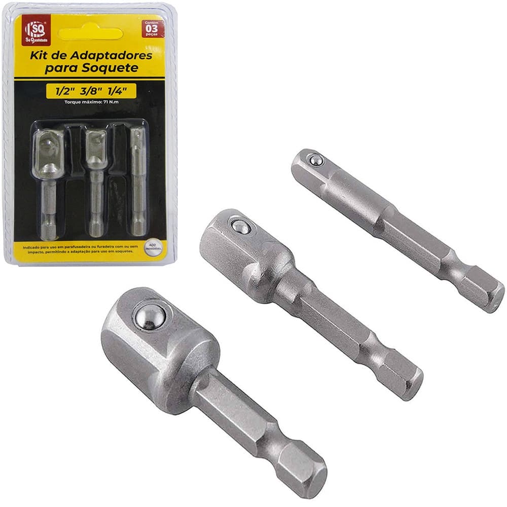 Kit jogo 3 Adaptador Soquete Parafusadeira Furadeira 1/4 3/8 1/2