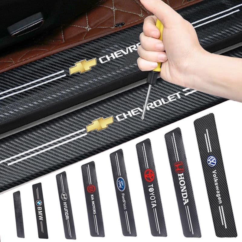 4pcs Tiras Para Soleira Da Porta Do Carro Com Logotipo De Couro Padrão De Fibra De Carbono Pedal Decorativo Anti-Riscos