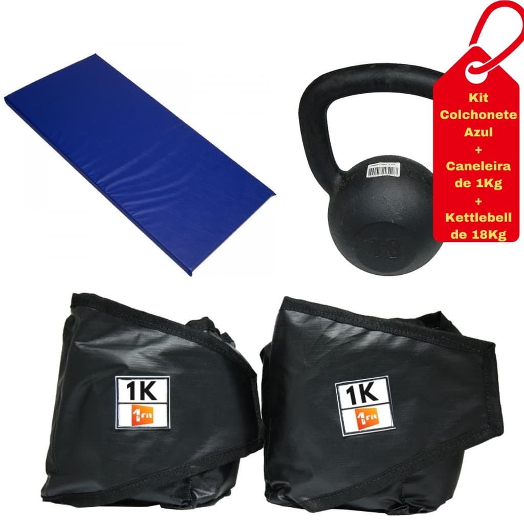 Kit Colchonete Azul + Par de Caneleira 1Kg + kettlebell Pintado 18kg