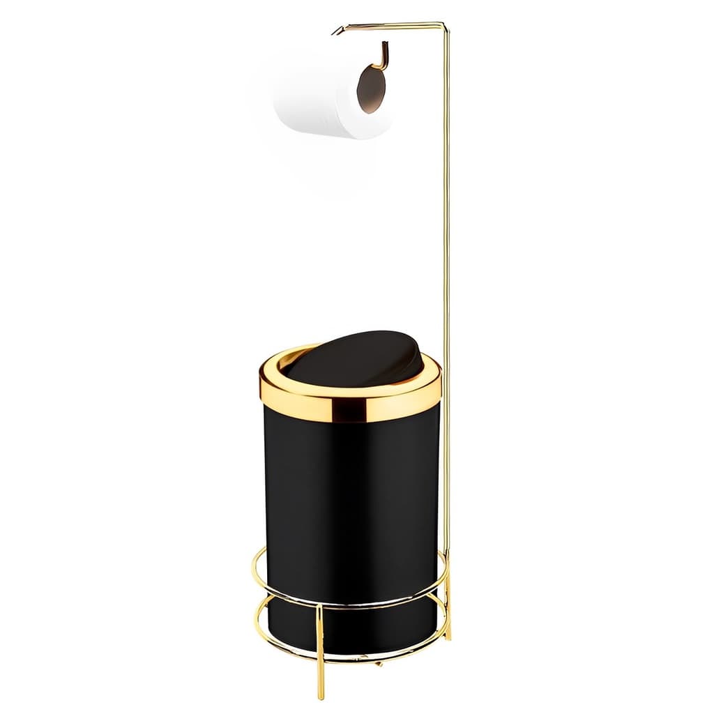 Kit Suporte Porta Papel Higiênico Com Lixeira 8L Cesto Lixo Tampa Basculante Banheiro Dourado Preto - Future