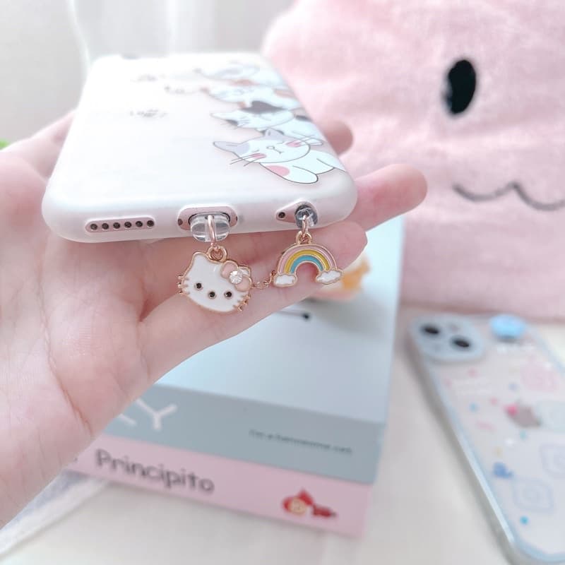 Telefone Celular Anti-Poeira Plug diy Cute kt Cat Arco-Íris Garra Sino Pingente Plugue De Dados Porta Universal Móvel