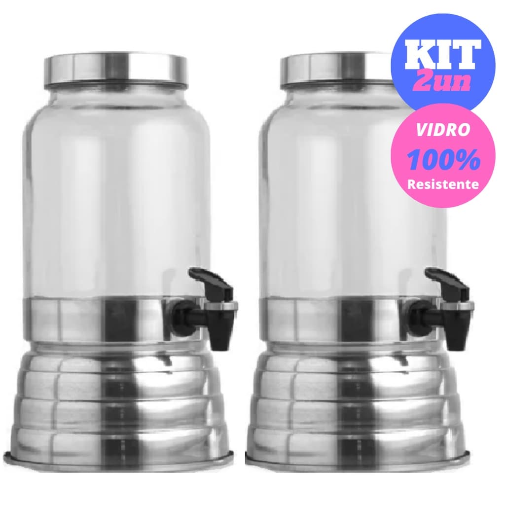 Kit Com 2 Suqueiras De Vidro Dispenser Com Torneira Suporte Para Bebidas Suco Cerveja Agua Saborizada 3 Litros