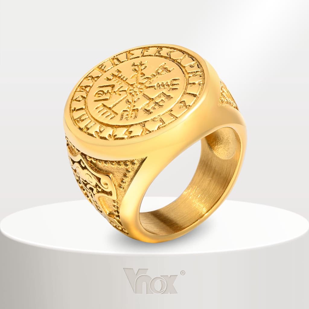 Vnox Mens Vintage Anel De Ouro De Aço Inoxidável , Compasso Viking Sólido Thor's Hammer Ring Jóias Para Homens