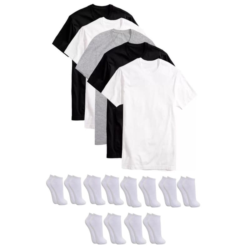Kit 5 Camisetas Básicas Masculina e 12 Pares De Meias Soquete
