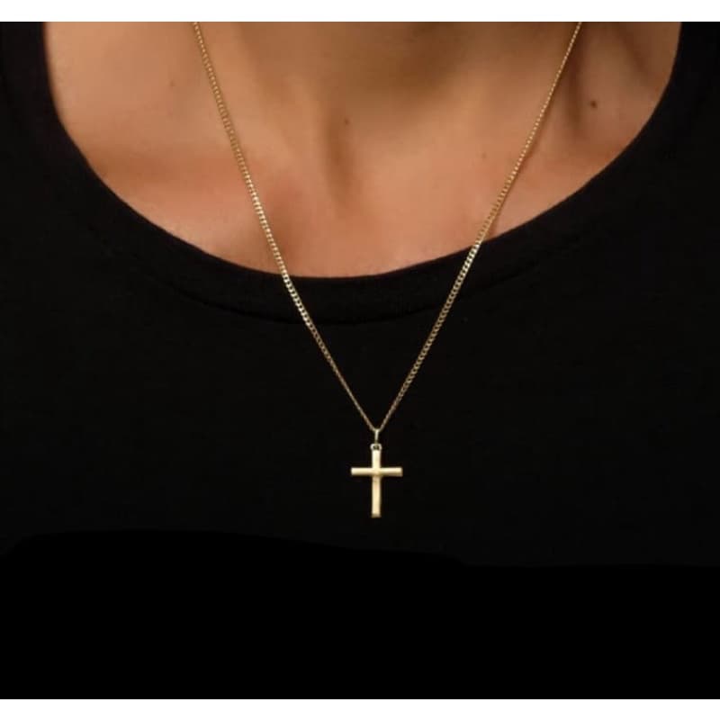corrente cordão masculino fino aço inox banhado a ouro grumet com pingente Cruz