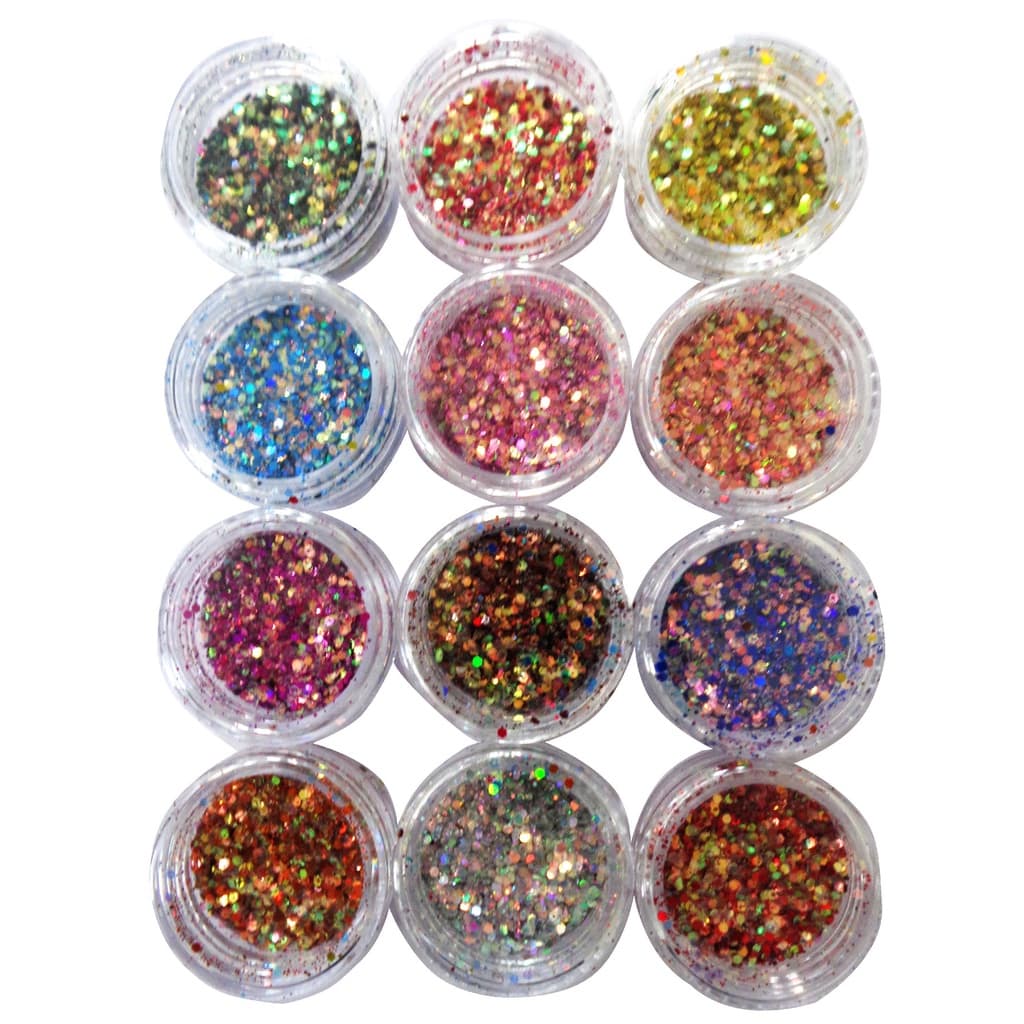 12 Potinhos Cores Glitter Flocado - Decoração Brilho Unhas Nail Art