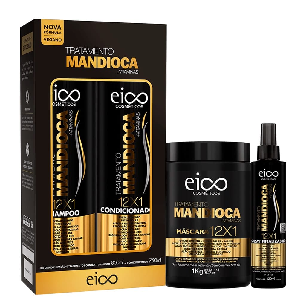 Kit Mandioca Eico (SH 800ml e Cond 750ml) + Máscara  Hidratação Capilar 1kg + Spray Finalizador 120ml Restauração Crescimento força  Brilho Antifrizz