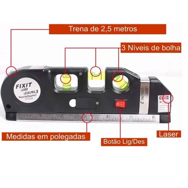 Nível Prumo Lazer Horizontal Vertical Cruz 3 Bolhas Trena
