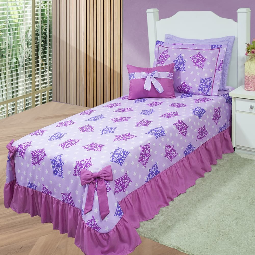 Kit Colcha Cobre Leito Estampada com Porta Travesseiro e Capa de Almofada com Laço Solteiro 03 Peças