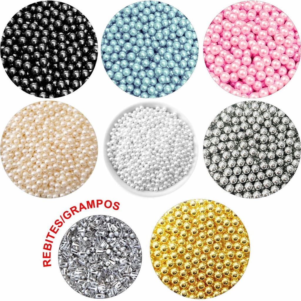 200 Perolas Abs inteira Sem Furo 5mm +200 Rebites Artesanato