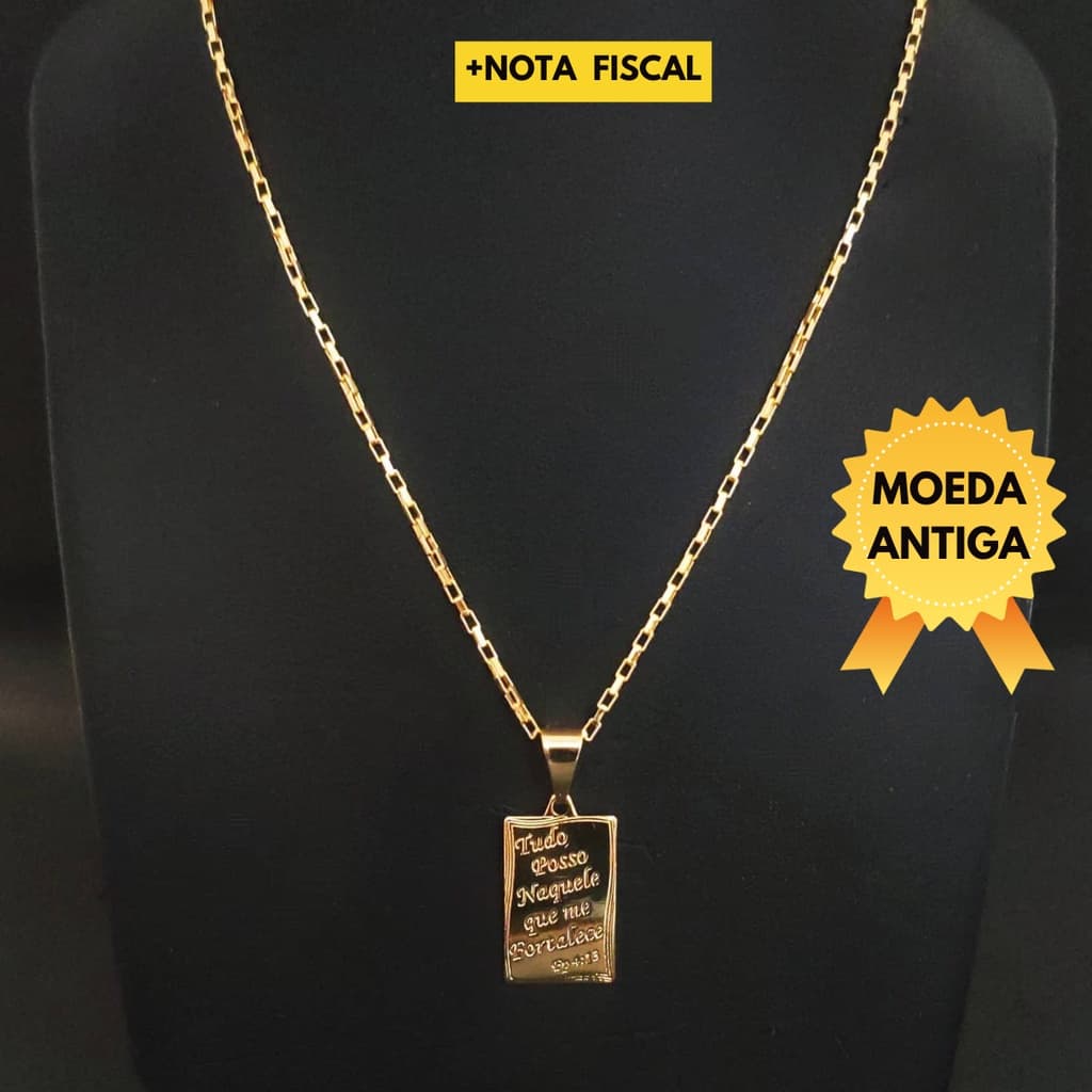 Corrente Masculina Moeda Antiga Banhada a Ouro 18k, Pingente Tudo Posso, com Garantia.