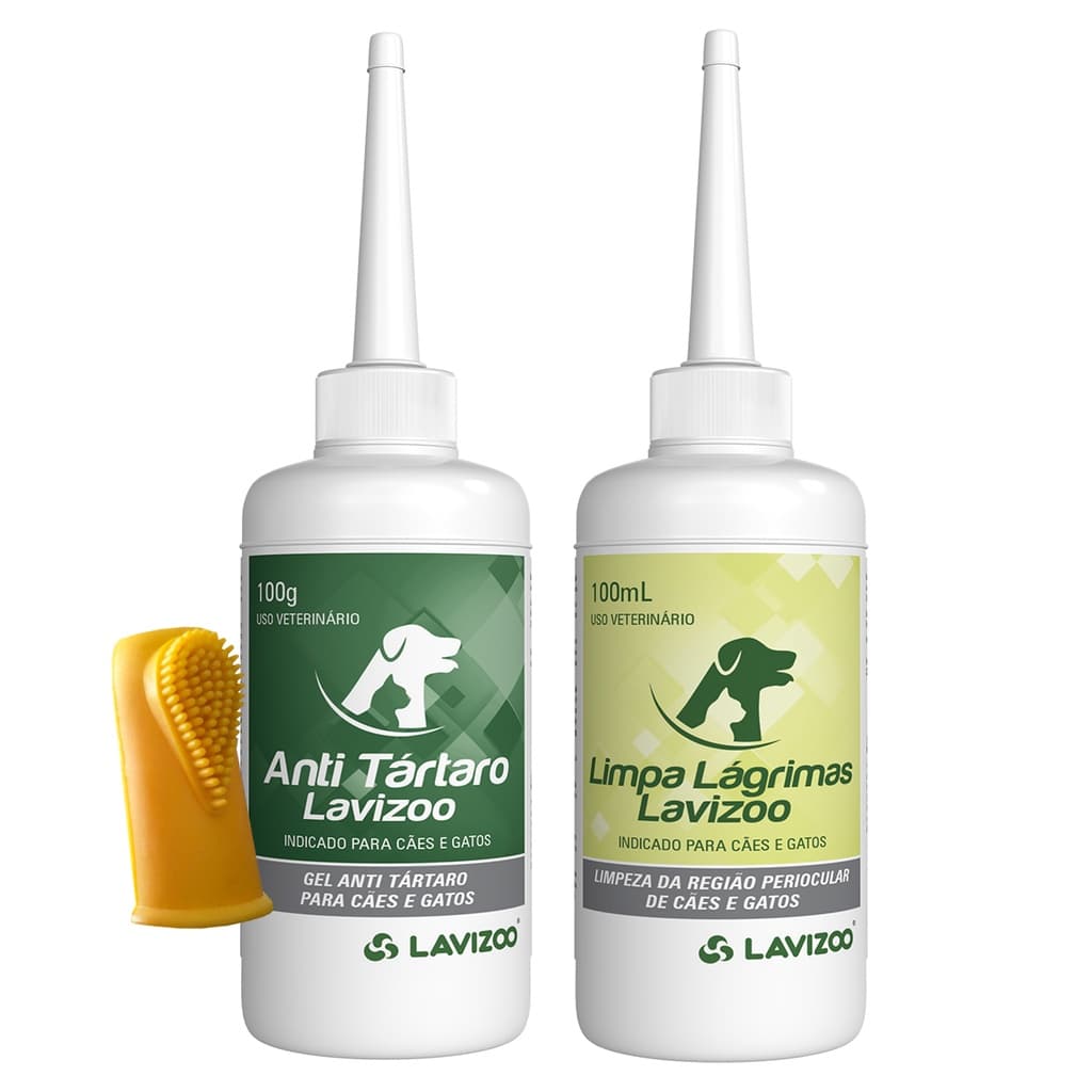Kit Gel Anti Tártaro c/ Dedeira + Limpa Lágrimas Lavizoo Cães e Gatos