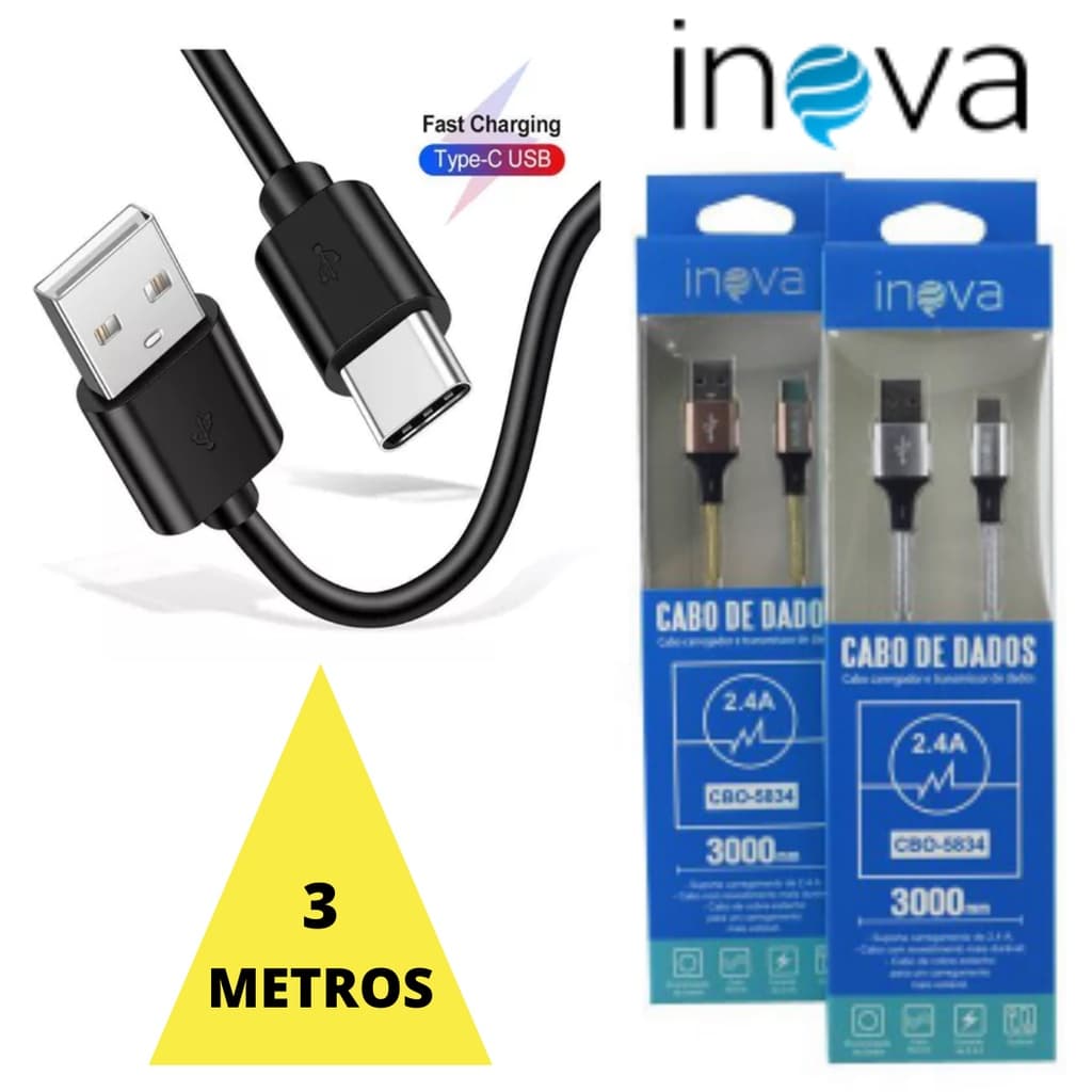 Cabo Tipo C 3 metros Turbo A31 M51 A71 Redmi Note 8 A51 M21s S20 Plus G9 Play CABO INOVA Cabo 2 Metros Tipo C Turbo