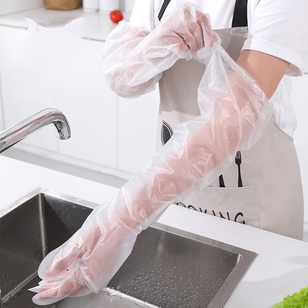 5par luvas plásticas descartáveis elásticas de polietileno de braço longo para luvas de segurança de limpeza de cozinha