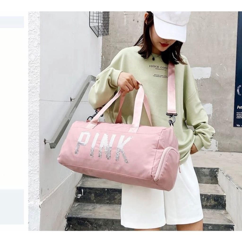 Bolsa-Mala De Viagem Ou Treino Impermeável, Multiuso com o nome PINK em lantejolas