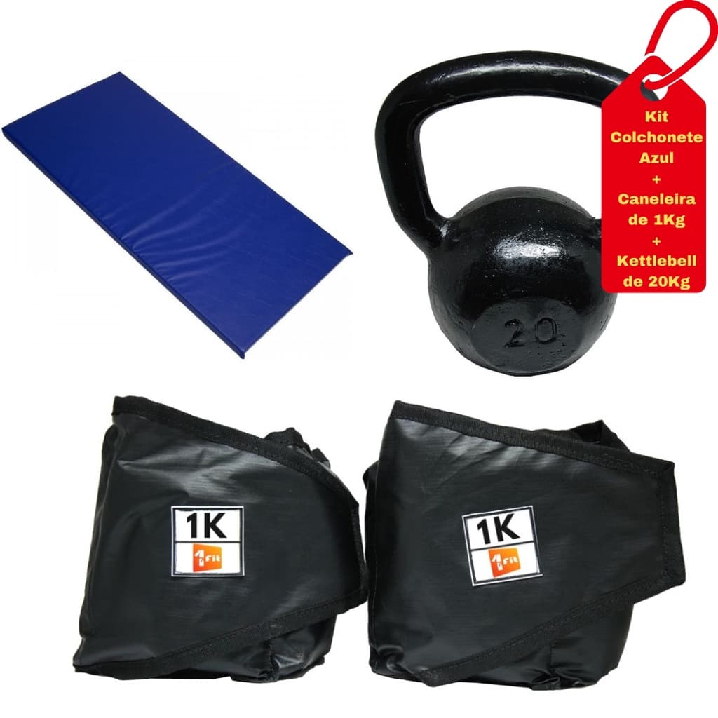 Kit Colchonete Azul + Par de Caneleira 1Kg + kettlebell Pintado20kg