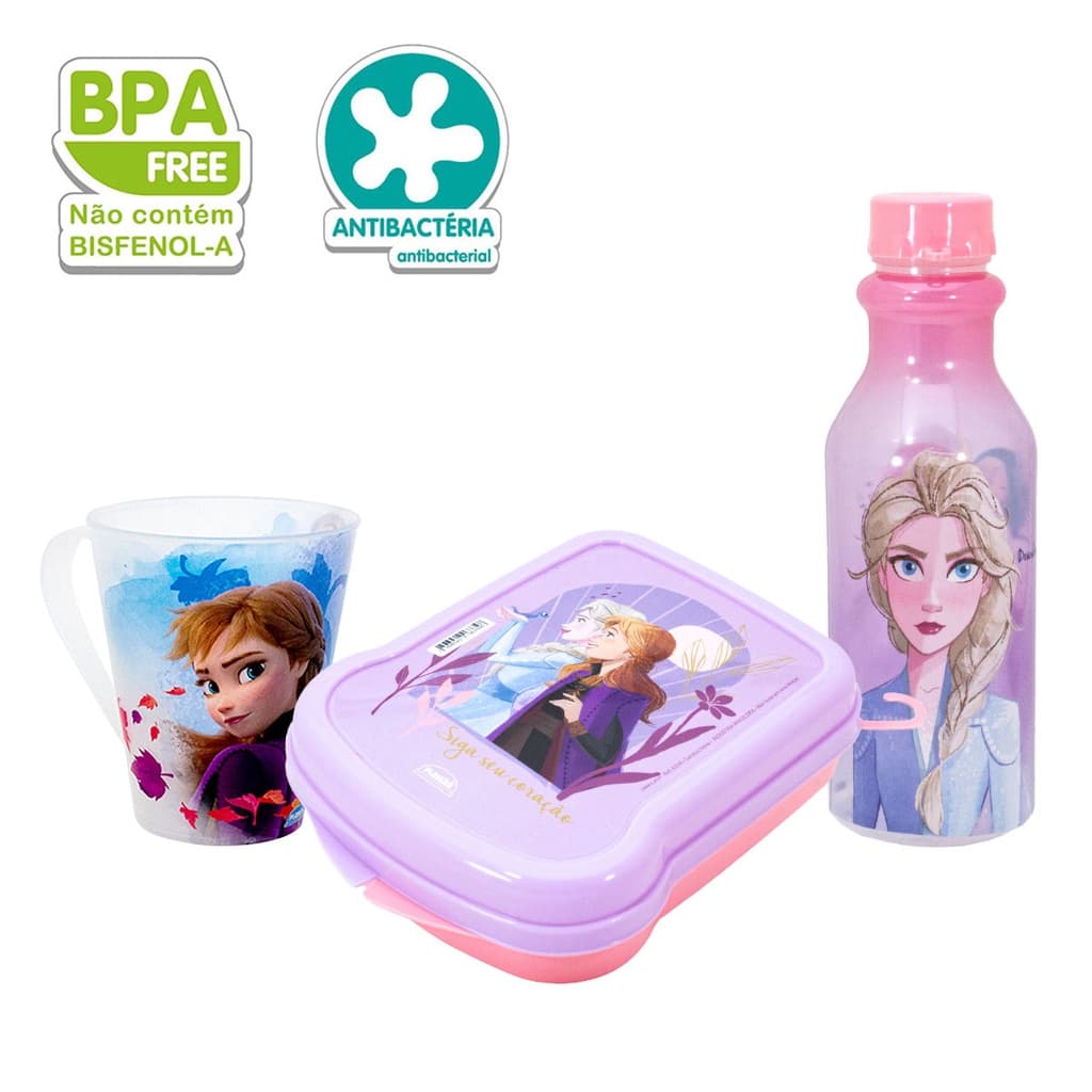 Kit Trio Frozen, Garrafinha 500ml Retrô, Caneca Infantil 360ml e Sanduicheira infantil Plasútil