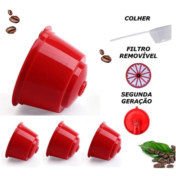 4 Cápsulas Reutilizável Dolce Gusto Recarregável Vermelha Com Colher