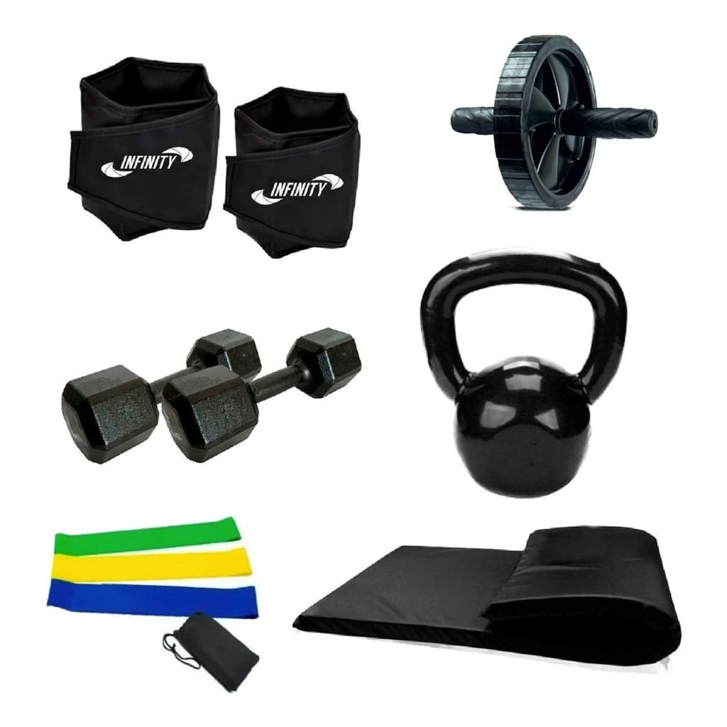 Kit Treino em Casa  - Par Caneleira + Par Halter + Colchonete + Roda + Kettlebell + Band