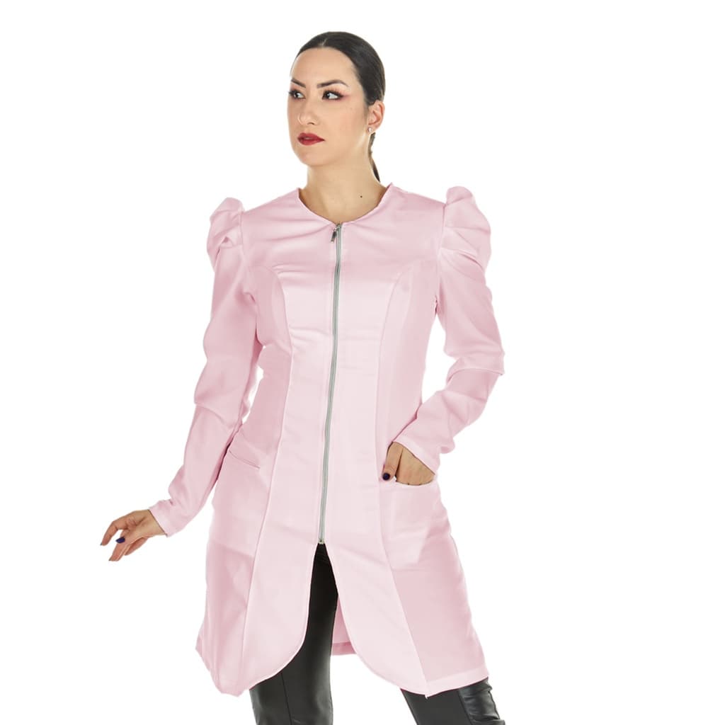 Jaleco Manga Longa Bufante Princesa Acinturado Rosa Bebê Profissional Nail Designer Clínica Esteticista Salão de Beleza