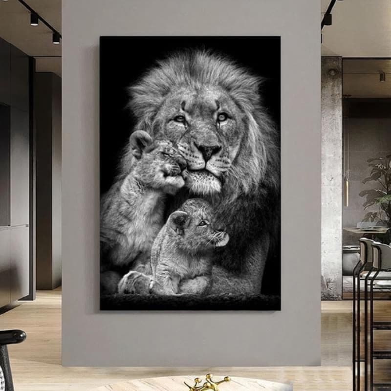 Quadro Decorativo Leão com Filhotes Preto e Branco 70x50