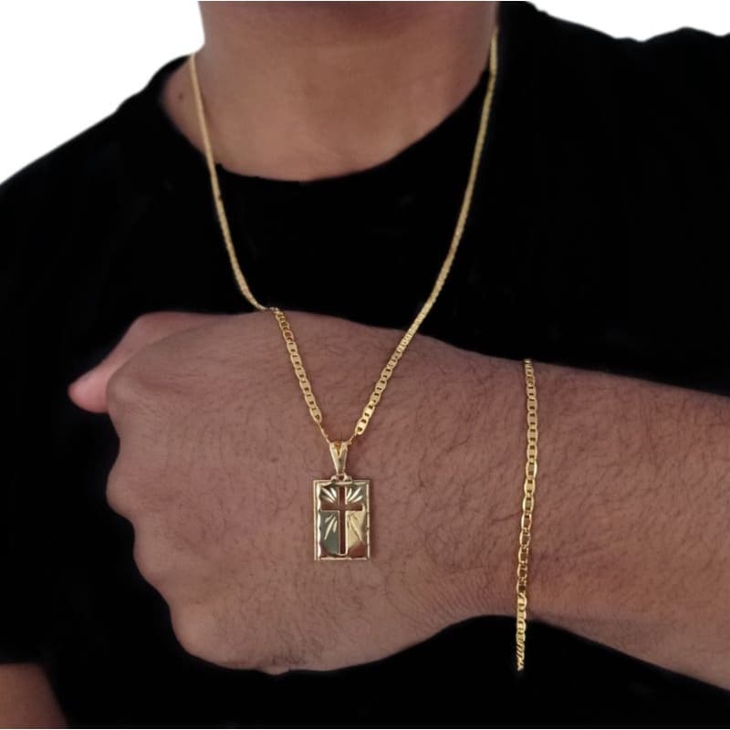 kit Corrente Correntinha Fina + Pulseira Piastrini Masculino Banhado A Ouro 18k Cordão Pingente Cruz