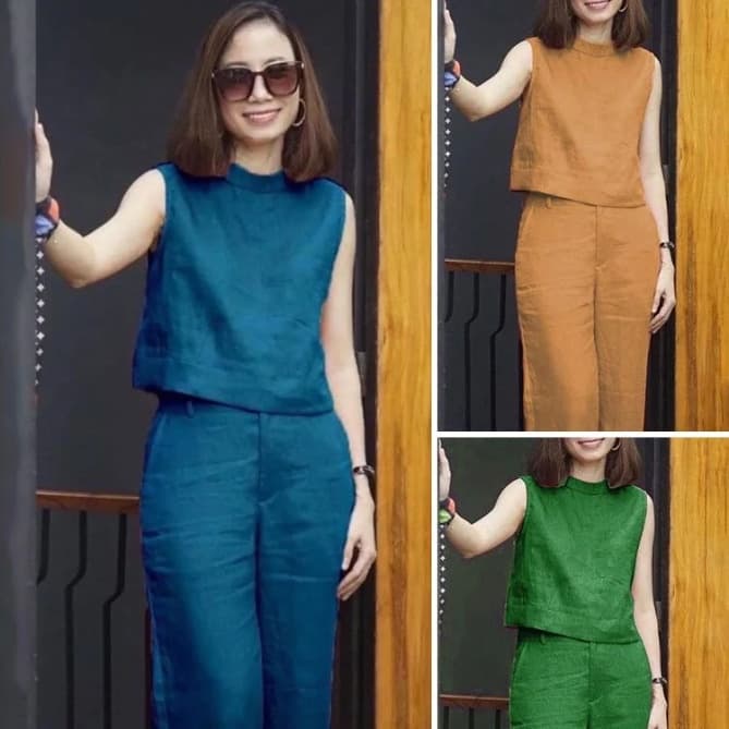 Traje De Casual De Algodão Sem Manga Cor Sólida Feminino