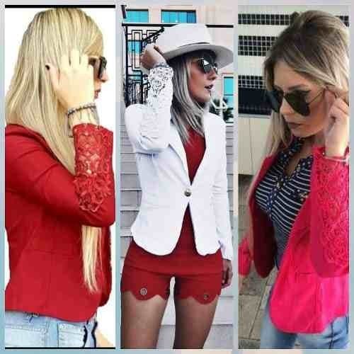 Casaco Casaquinho Estilo Blazer Com Renda Guipir Na Manga