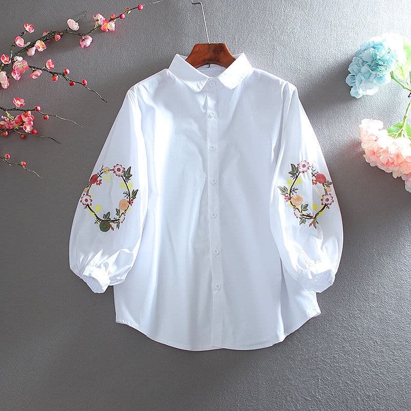 Camisa branca feminina manga longa primavera novo estilo bordado lanterna manga camisa branca manga tornozelo