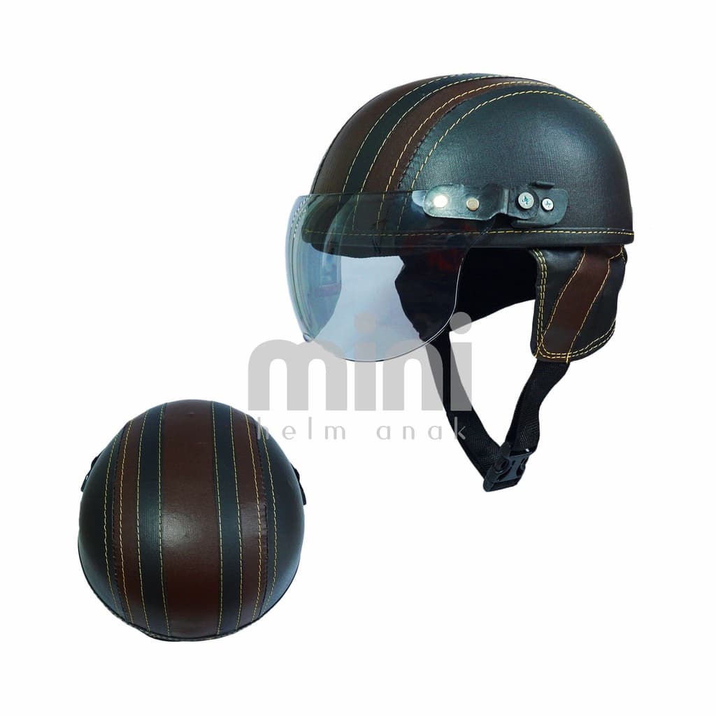 Mini Capacete Infantil Retro Com Listra Preta E Marrom