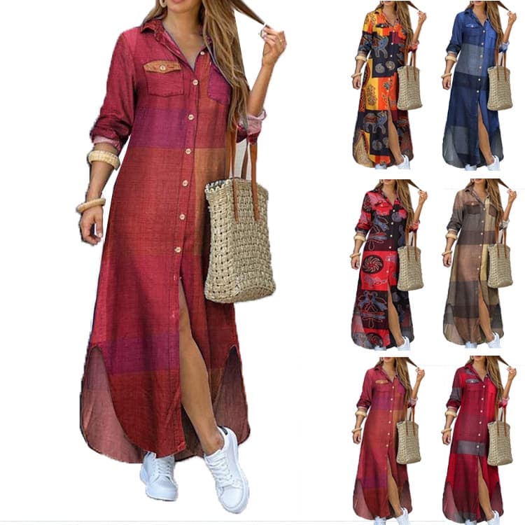 Moda Botões De Manga Longa Camisa Vestido Mulheres 2023 Primavera Casual Estampa Escritório Vestidos Longos Para