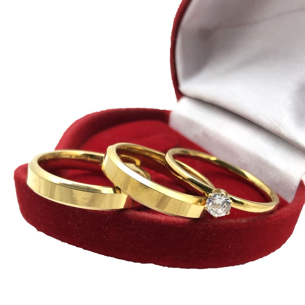 Par alianças de noivado casamento aço banhada polida fina chanfrada 4mm + anel aparador