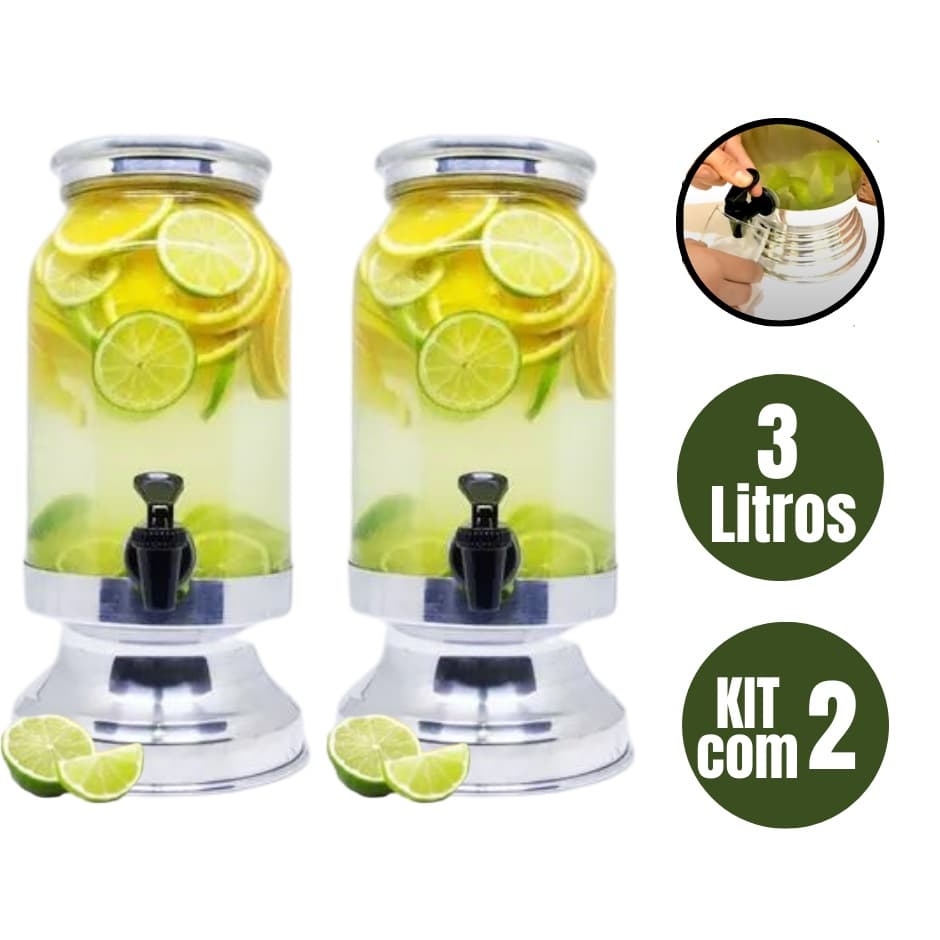 Kit Com 2 Suqueiras De Vidro Com Torneira e  Suporte Dispenser 3 Litros