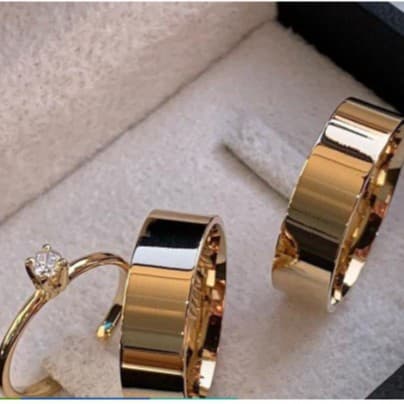 Par Aliança Reta 6mm mais 1 Anel Solitário de Aço Inoxidável Banhada a Ouro 18k, Casamento e Noivado Namoro