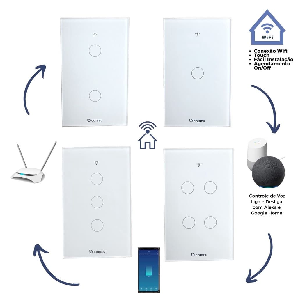 Interruptor Inteligente WiFi, Smart Sem Fio Multifuncional 1 a 4 Botões Compatível Com Alexa Google