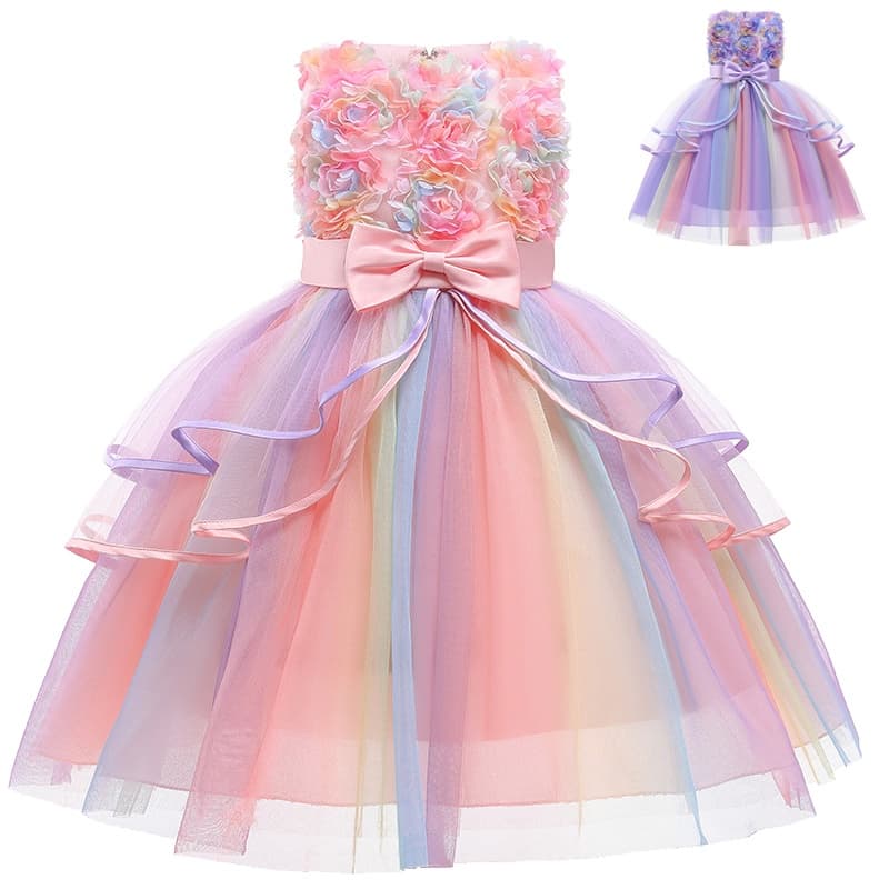 Doce Flor Meninas Vestido Verão Arco-Íris Malha Laço Pequena Princesa Festa De Aniversário Natal Presente