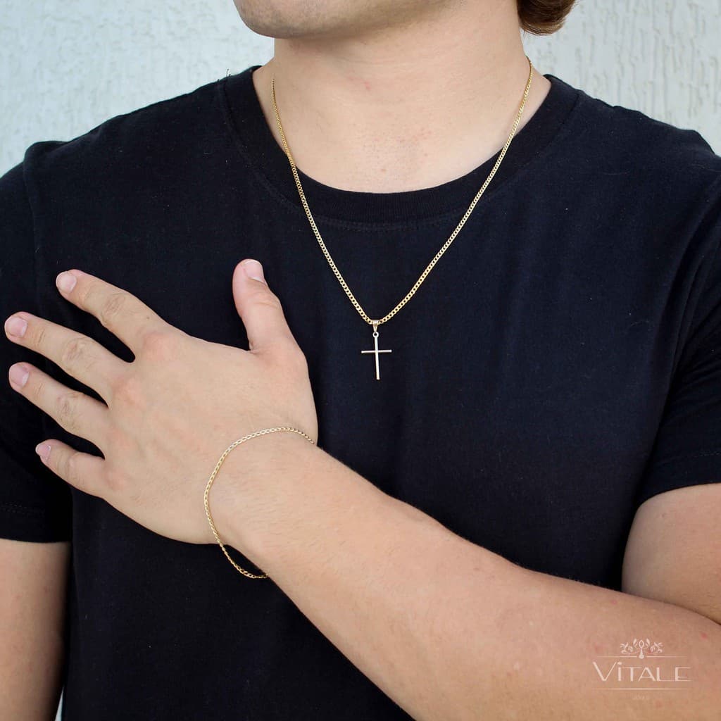 Kit Masculino Cordão + Pingente Cruz  e Pulseira Grumet 2mm Banhado a Ouro 18k